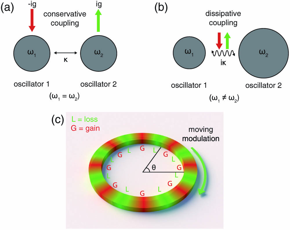 Schematic illustration of (a) PT and (b) APT symmetries in a two-oscillator system. −ig (ig) and κ represent gain (loss) and coupling coefficients, respectively. In the PT symmetric system, resonance frequencies ω1, ω2 of the two oscillators are identical, while they are different in the APT symmetric one. (c) Configuration of APT symmetric micro-ring resonator under spatiotemporal modulation for bi-color lasing. The dynamic imaginary grating of permittivity with alternating gain (G) and loss (L) is moving azimuthally along the ring. The moving direction is indicated by the green arrow.