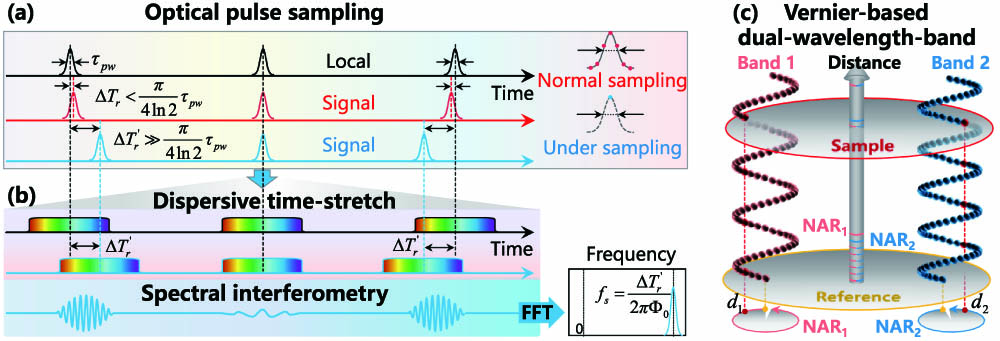Concept of the Vernier spectral interferometry. (a) Optical pulse sampling in conventional dual-comb method. The relative timing between the local (black) and signal (red or blue) pulses proceeds in increments of ΔTr with each sequential pulse. The ΔTr should satisfy the Nyquist sampling theorem, otherwise resulting in under-sampling. (b) After the dispersive time-stretch, the broadened pulses of the local (black) and signal (blue) interact, leading to frequency-varied fringes. The dual-comb interferometry converts into spectral interferometry. (c) Circular mapping of sample distance (the plane spacing marked by the yellow and red circles) to the measured results (d1, d2). Measured results do not exceed the NAR of the two bands.