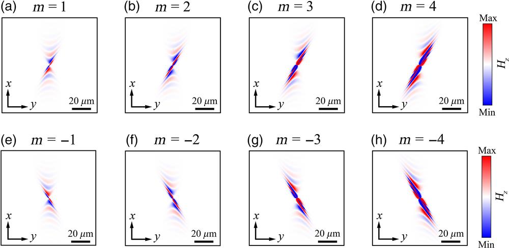 Analytical results of q-HShPs based on the vortex with different topological charges (m=±1,±2,±3,±4) as excitation sources of hyperbolic materials without off-diagonal permittivity tensors at 718 cm−1. (a)–(d) The analytical magnetic fields of positive topological charges. (e)–(h) The analytical magnetic fields of negative topological charges.
