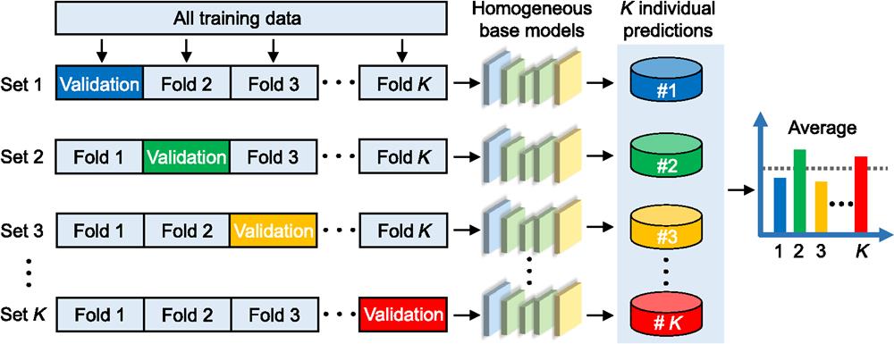Diagram of the K-fold average ensemble approach. The whole data set is equally separated into K parts. We combine any K−1 parts of the data for training and leave the remaining part for validation. Then, K sets of data can be generated to train a base model, which yields K homogeneous models. Each one gives a prediction independently, and their average is calculated as the output of the K-fold average ensemble.
