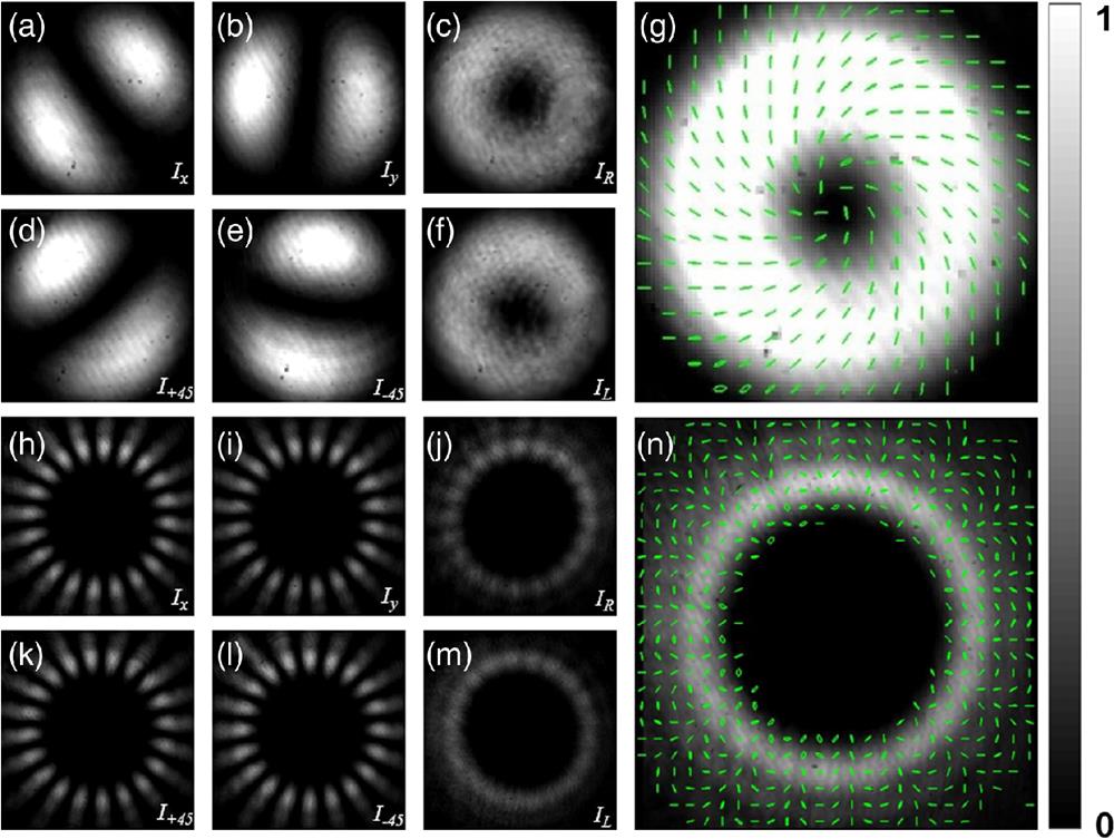 Polarization reconstruction of cylindrical vector beams. Measured intensity profiles of a vector beam with mode order l=1 after propagating through (a) an x-polarized polarizer; (b) a y-polarized polarizer; (c) a +45 deg directional QWP and an x-polarized polarizer; (d) a +45 deg polarizer; (e) a −45 deg polarizer; (f) a +45 deg directional QWP and a y-polarized polarizer; (g) intensity profile and polarization distribution of the vector beam with mode order l=1. Measured intensity profiles of a vector beam with mode order l=10 after propagating through (h) an x-polarized polarizer; (i) a y-polarized polarizer; (j) a +45 deg directional QWP and an x-polarized polarizer; (k) a +45 deg polarizer; (l) a −45 deg polarizer; (m) a +45 deg directional QWP and a y-polarized polarizer; (n) intensity profile and polarization distribution of the vector beam with mode order l=10.