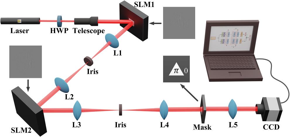 Schematic of experimental layout for optical computing of complex vector convolution based on OAM eigenstates. HWP, half wave plate; SLM, spatial light modulator; L1, L2, L3, L4, L5, lenses; Mask, a phase triangular object; CCD, camera. Inset, holographic example of encoded complex vector with four OAM states in SLM1 and SLM2.