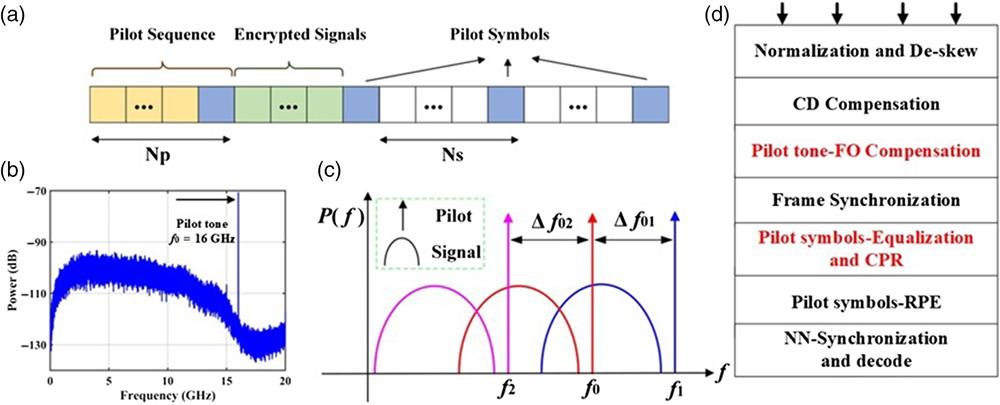 Pilot structure at the transmitter and the DSP module at the receiver. (a) Frame structure of pilot symbols; (b) pilot tone structure of chaotic encrypted carriers; (c) principle of FO compensation by pilot tone; and (d) receiver pilot-based DSP module. CD, chromatic dispersion; CPR, carrier phase recovery; RPE, residual phase estimation; and NN, neural network.