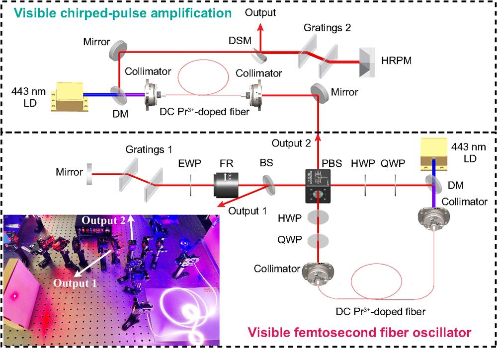 Schematic of visible femtosecond fiber oscillator and amplifier. The inset shows the photograph of the visible femtosecond fiber oscillator. DM, dichroic mirror; HWP, half-wave plate; QWP, quarter-wave plate; EWP, eighth-wave plate; PBS, polarization beam splitter; BS, beam splitter; FR, Faraday rotator; Gratings, a pair of transmission gratings; Mirror, high-reflective coating mirror; DSM, D-shaped mirror; HRPM, hollow roof prism mirror.
