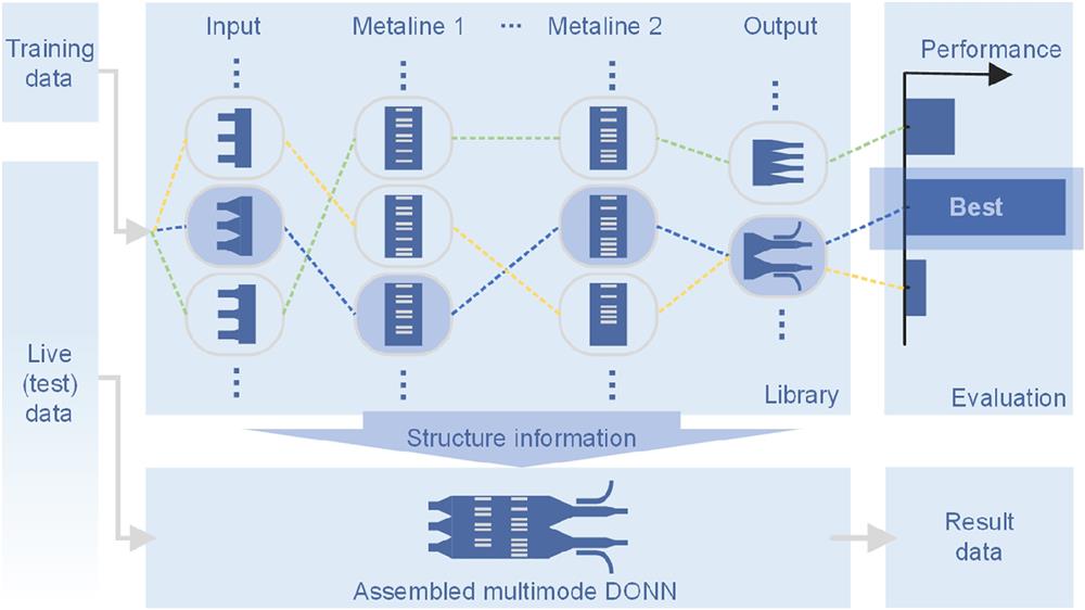 Training process and application demonstration of the multimode DONN composed of the structures in the library. When the task is defined, the training data are loaded into a variety of the potential multimode DONN structures composed of the input, output, and metalines in the library, as shown by the dotted lines. The performance of each potential multimode DONN is evaluated using the port-to-port transmission matrix and the best one is selected. Live or test data will be loaded in.