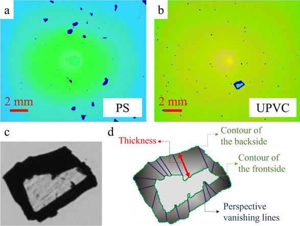 Processed images in order to highlight the different plastic microparticles (a) PS and (b) UPVC plastic particles. Highlight on UPVC particle: (c) original cropped image and (d) contoured image showing an irregular-cut pyramid due to the grinding.