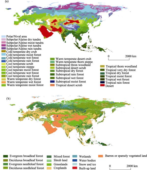 The distribution of HLZ types during 1981-2010 on an average (a) and land cover (b) of Eurasia in 2010