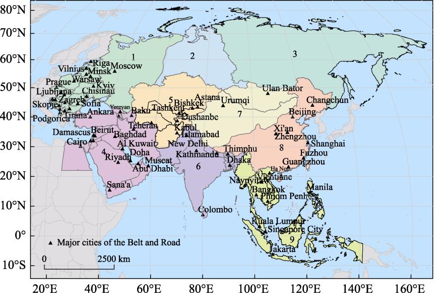 The Belt and Road sub-regions: 1. Central-Eastern Europe; 2. West Siberia; 3. Central-Eastern Siberia; 4. West Asia; 5. Central Asia; 6. South Asia; 7. Non-monsoon region of East Asia; 8. Monsoon region of East Asia; 9. Southeast Asia