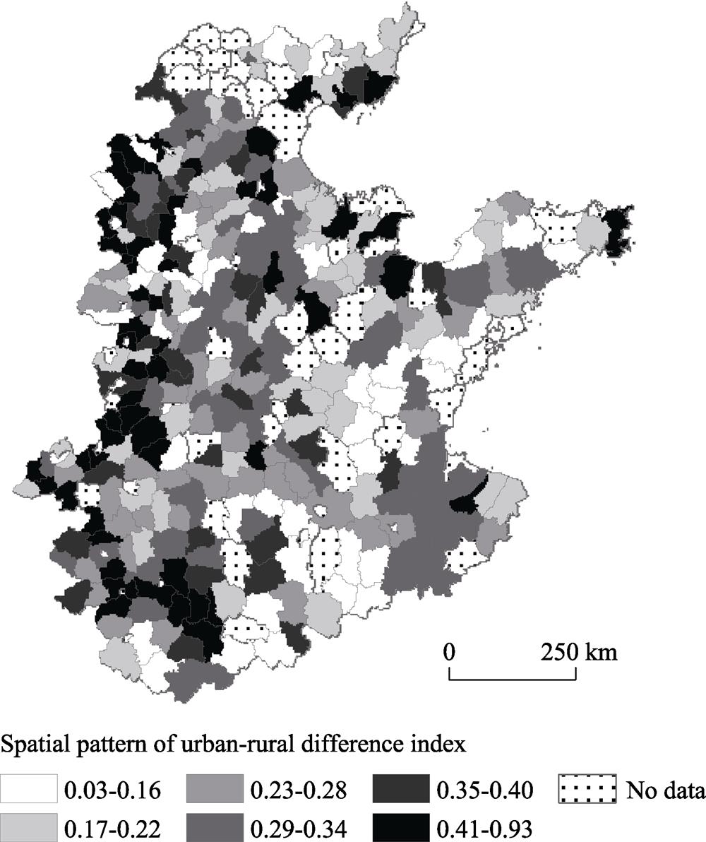 Spatial pattern of urban-rural difference index values in the Huang-Huai-Hai Plain in 2015