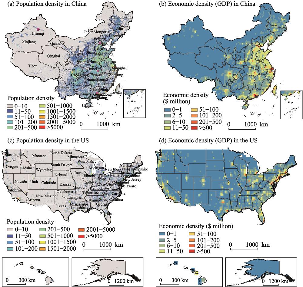 Distributions of population (2018) and economic densities (2020) in China and the US