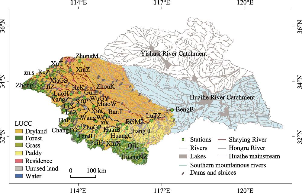 Locations of the Huaihe River Basin, selected hydrological stations, dams and sluices