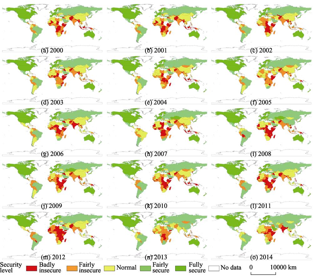 Changes of the global food security pattern by country from 2000 to 2014