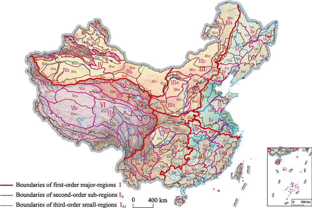 Three-order geomorphologic regionalization (geomor-regions) in China(The names and codes of geomor-regions are shown in Tables 2-7.)