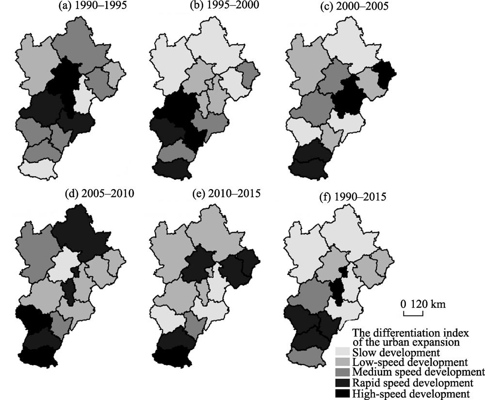 The spatial characteristics of the urban expansion differentiation index in the Jing-Jin-Ji urban agglomeration