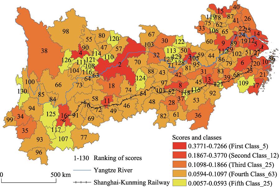 Scores and classes of city centrality in the Yangtze River Economic Belt