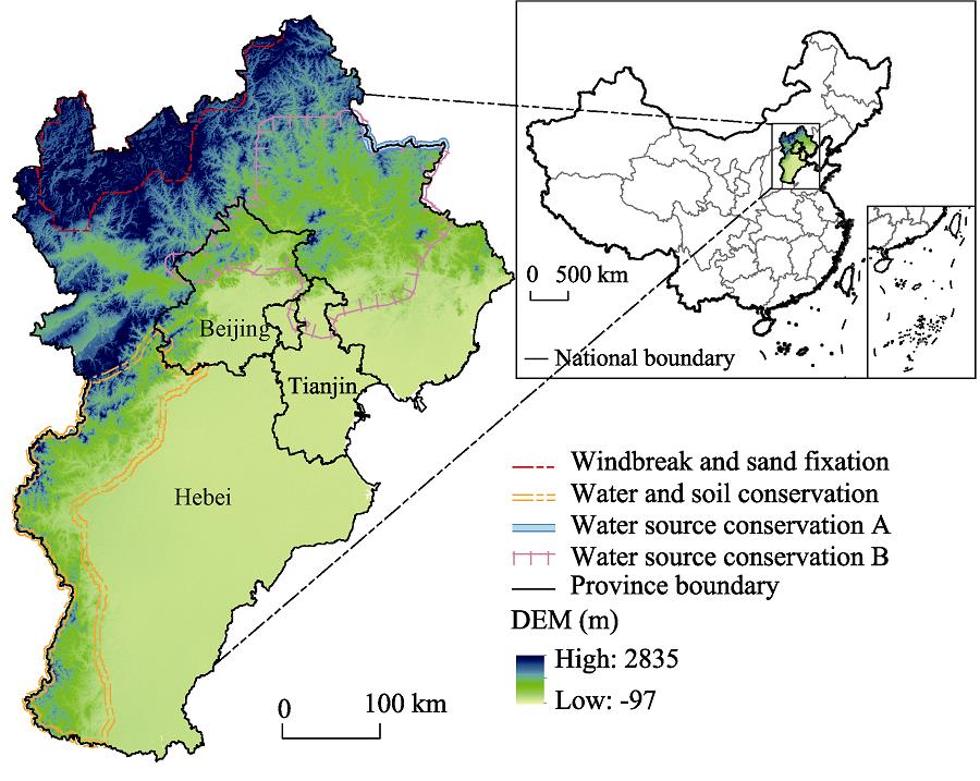 DEM and ecological function zoning of the regionSource: DEM 90 m data and Chinese ecological function zoning data were derived from the Data Center for Resources and Environmental Sciences of CAS.Notes: Windbreak and sand fixation is the ecological function zone at northern foot of the Yinshan Mountain-Hunshandake Sandy Land. Soil conservation is the ecological function zone of the Taihang Mountains. Water source conservation A is the ecological function zone for West Liaohe River source conservation. Water source conservation B is the ecological function zone for Beijing-Tianjin water source conservation.