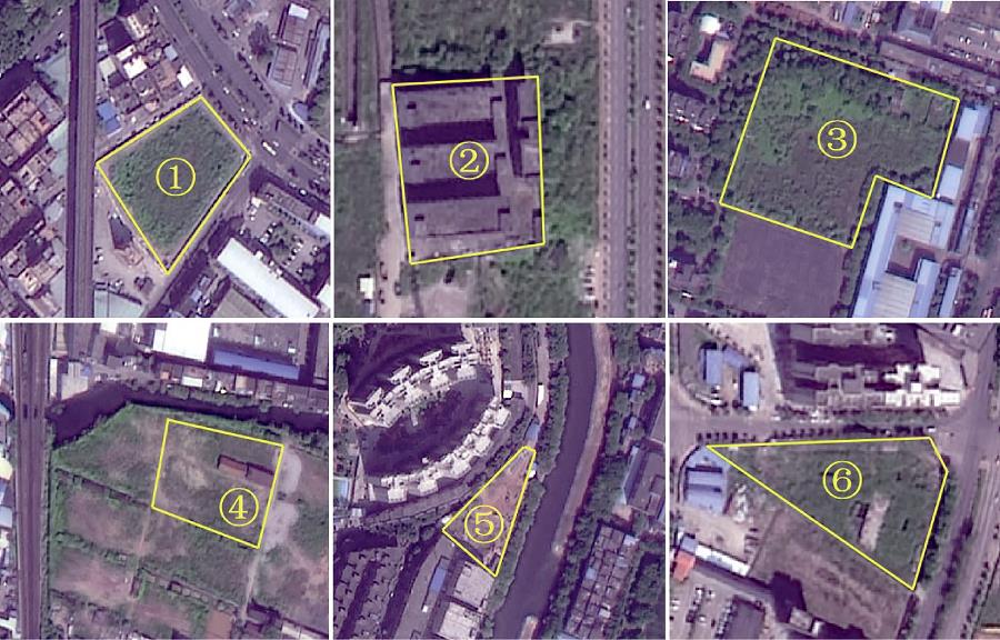 Images of urban vacant land in the case study area in Guangzhou City, China, 2016Note: The data were produced by the authors using a high-resolution remote sensing image, combining a street view and field survey (1. Wild grassland; 2. Abandoned building land; 3. Wild grass mixed with shrub and tree land; 4. Abandoned building mixed with bare land; 5. Bare land; 6. Abandoned building mixed with wild grassland).
