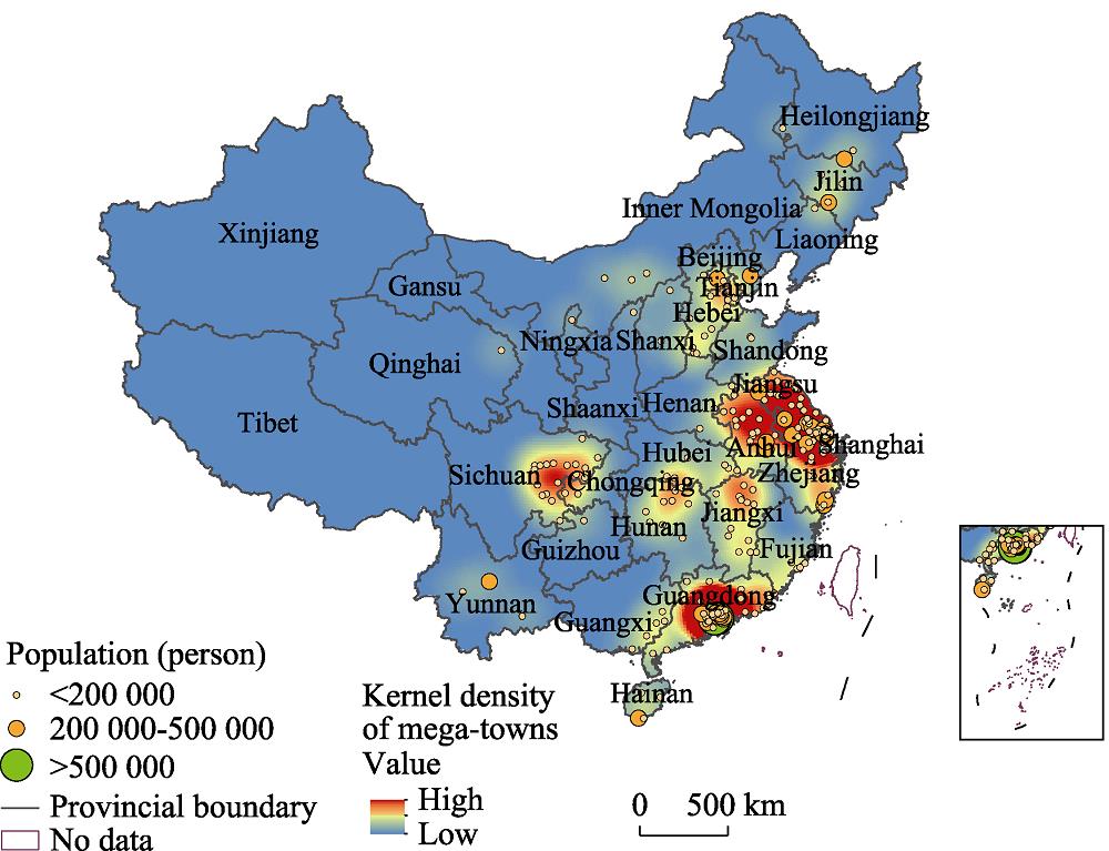 Spatial distributions of China's mega-towns in 2015