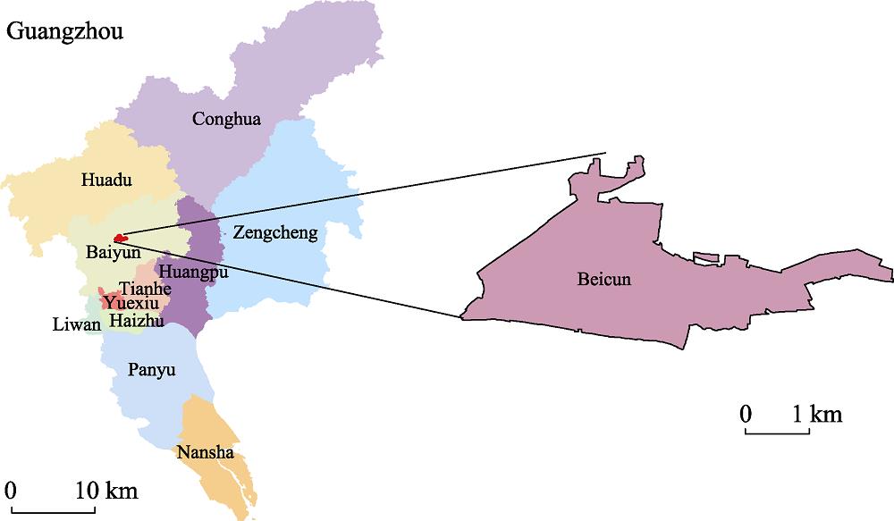 The location of Beicun in Taihe town of Guangzhou city, southern China
