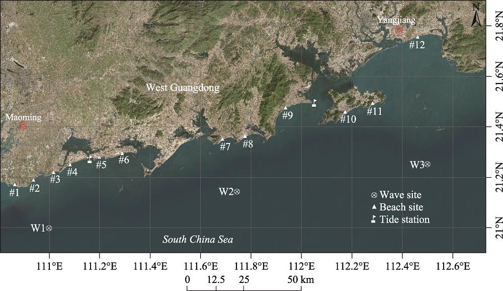 The study area showing 12 studied headland-bay beaches and wave and tide data sources in the west Guangdong. The beaches include #1-Jizhao Bay (21.392°-21.392°N, 110.847°-110.853°E), #2-Wangcun Bay (21.388°-21.418°N, 110.891°-110.929°E), #3-Aonei Bay (21.418°-21.429°N, 110.958°-110.982°E), #4- Shuidong Bay (21.429°-21.459°N, 110.997°-111.053°E), #5-Shuidong Dong (21.460°-21.469°N, 111.102°- 111.128°E), #6-Bohe Bay (21.464°-21.481°N, 111.136°-111.199°E), #7-Fuhu Bay (21.507°-21.525°N, 111.489°-111.527°E), #8-Hebei Bay (21.512°-21.534°N, 111.554°-111.598°E), #9-Hailing Bay (21.593°- 21.618°N, 111.690°-111.751°E), #10-Shili Beach (21.579°-21.604°N, 111.877°-111.911°E), #11-Dongdao Beach (21.618°-21.624°N, 111.982°-111.996°E) and #12-Sanya Bay (21.787°-21.807°N, 112.087°-112.12856°E).