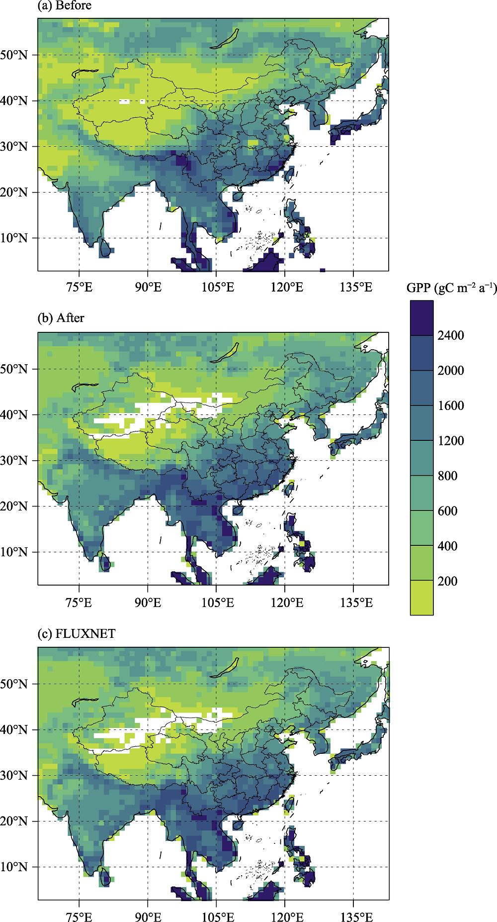 Annual mean GPP distribution (gC m-2 a-1) during 1980-2013 with BCC-CSM2 before (a) and after (b) quantile mapping, and with observational FLUXNET (c)