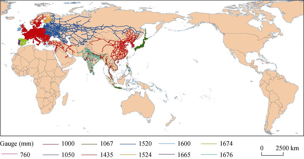 Spatial distribution of railways with different gauges in Eurasia
