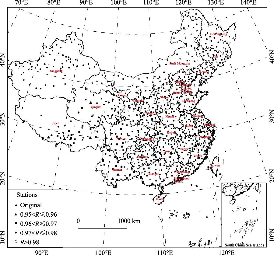 Location of the meteorological stations. R is the goodness of fit between missing data and completion data in China