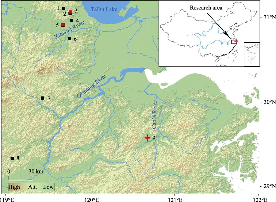 Locations of the LSM (9), Qiliting (QLT) (5), and Yindinggang (YDG) (3) sites and other areas in the Zhejiang Province, including 1-Zijinshan, 2-Hexi Cave No. 1, 4-Wangjiashan, 6-Shangmakan, 7-Tonglu Man, and 8-Jiande Man