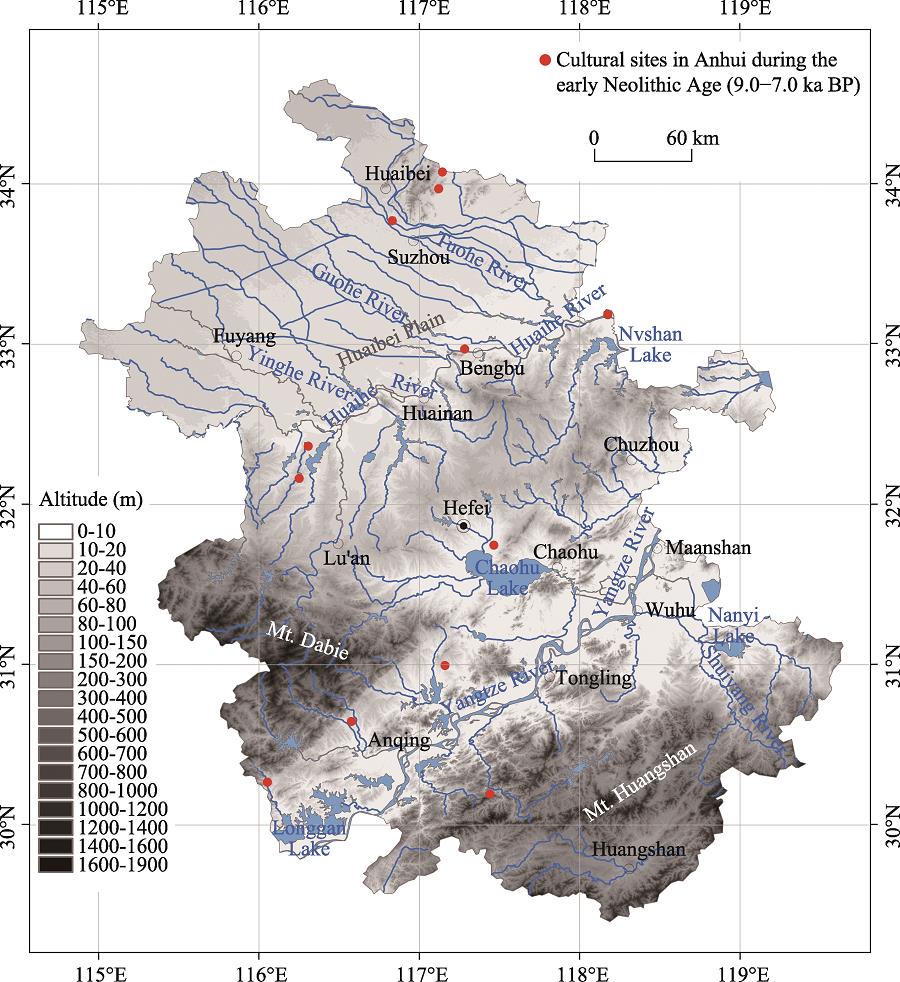 Distribution of cultural sites in Anhui during the early Neolithic Age (9.0-7.0 ka BP)