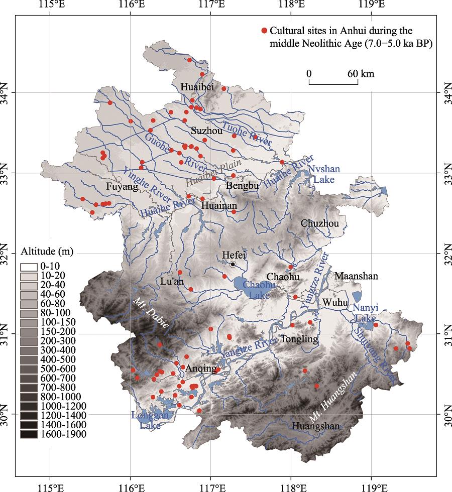 Distribution of cultural sites in Anhui during the middle Neolithic Age (7.0-5.0 ka BP)