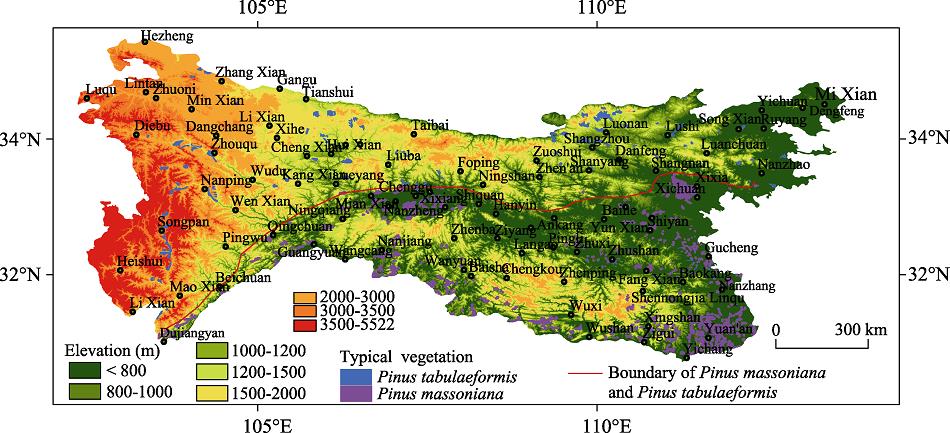 Topographic map of Qinling-Daba Mountains and the spatial distribution of Pinus massoniana and Pinus tabulaeformis forests