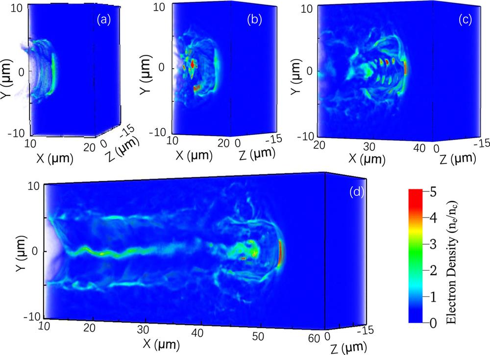 Spatial profiles of the electron density at (a) t = 15T0, (b) 20T0, (c) 40T0, and (d) 60T0. A plasma density of ne= 0.5nc was used in the simulations.