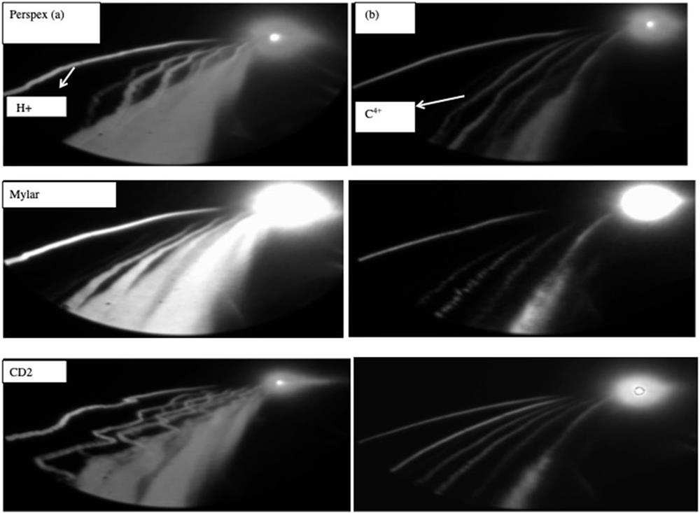 Proton beam traces from the front surfaces of Perspex (top), Mylar (center), and CD2 (bottom) targets. The images show the wiggling of the beam with the target at the best focus, (a) without a pre-pulse and (b) with a pre-pulse.