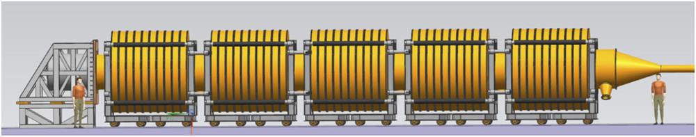 Schematic of M-50 machine comprising 50 identical linear transformer driver (LTD) cavities connected in series. Each cavity can give an output pulse of 90 kV/1 MA on a matched resistive load. The voltage pulses generated by the cavities are summed along the output transmission line, which operates as a magnetically insulated transmission line (MITL). The nominal output of the M-50 machine is 4.5 MV/1.0 MA.
