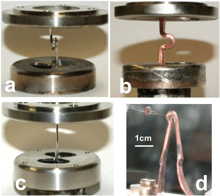 (a) Spiral, (b) half-turn coil, and (c) rod loads for generating magnetic fields; the anode–cathode gap is 2 cm. (d) Coil load installed with no return-current cage.