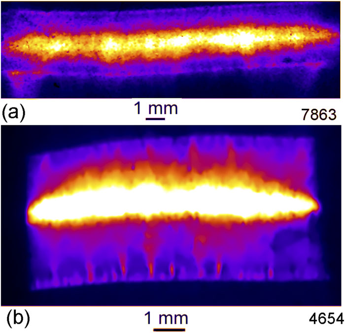 Time-integrated pinhole images (side view) of exploded 4 μm Al (a) and 5 μm Cu (b) foils obtained on the XP and COBRA generators, respectively, recorded on Fuji TR imaging plates without filter. Pinholes without filter and with hole diameters of 100 μm were used. The lower energy cutoff of the pinholes in the experimental geometry was 55 eV.