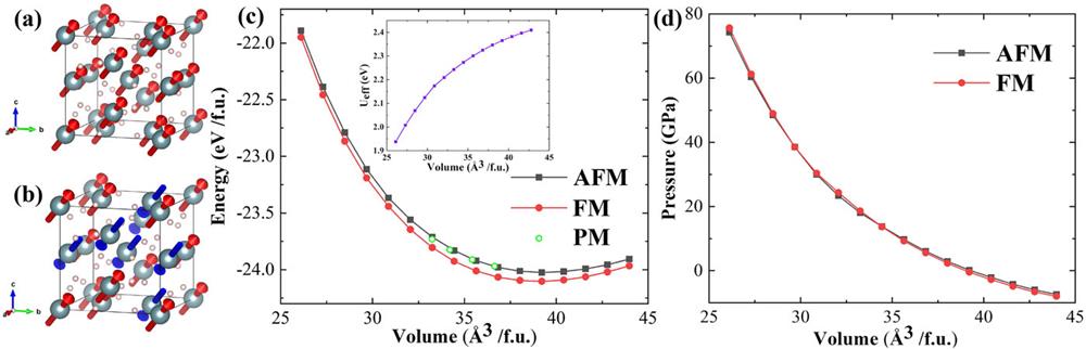 (a) and (b) Magnetic structures of the FM and AFM states, respectively, with the red and blue arrows denoting the magnetic axes. (c) Energy–volume relations of the FM, AFM, and PM states. The inset shows Ueff as determined by the LSCC approach under different pressures. (d) Pressure–volume relations of FM and AFM states.