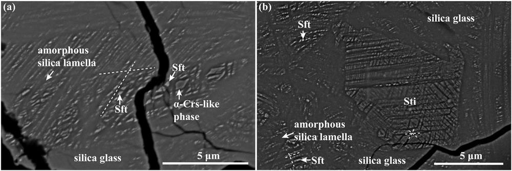 BSE images showing the tweed-like texture of the silica fragment in Fig. 1. The white dashed lines represent the orientations of the amorphous silica lamellae. Sft, seifertite; Sti, stishovite; α-Crs-like, α-cristobalite-like. Reproduced with permission from Pang et al., “New occurrence of seifertite and stishovite in Chang’E-5 regolith,” Geophys. Res. Lett. 49(12), e2022GL098722 (2022). Copyright 2022 John Wiley & Sons.