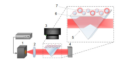 Overview of the instrument configuration: 1-laser diode; 2-collimation lens; 3-camera; 4-beam dump; 5-right angle optical prism; 6-adhesive thin layer; 7-microresonator.