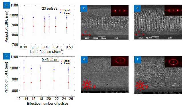 LSFL periodicity dependence on the laser fluence (a), and the effective number of pulses (b), for linearly (squares) and radially (circles) polarized fs beams. Top-view SEM images of areas produced upon irradiation using linearly (c, d) and radially (e, f) polarized fs beams.The images shown in (c) and (e) correspond to non-uniform areas, whereas those in (d) and (f) to areas obtained using optimized irradiation conditions. The red arrows depict the electric field polarization state. The 2D-FFT patterns corresponding to each area are shown.