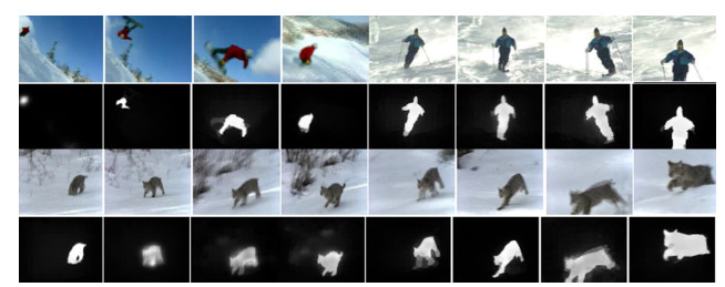 Salience sketch image from videos.The 1st row images are from skier video. The 2nd row images are the salience maps of the skier; the 3rd row images are from leopard video; the 4th row images are the salience maps of leopard.