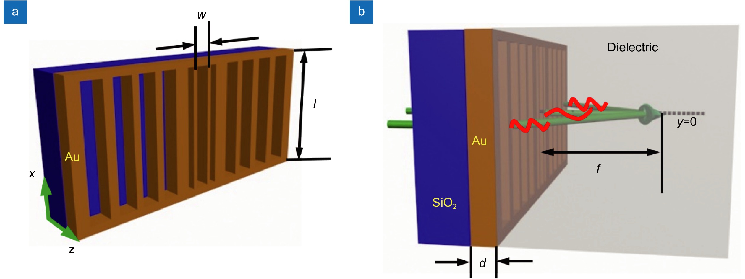 (a) The illustration of the superlens formed by an array of width-varied nanoslits perforated in a gold film on a glass substrate. All the nanoslits have the same length l. The width of each nanoslit w is variable. (b) Schematic focusing of the superlens based on the principle of optical interference under the normal illumination of a TE-polarized plane wave. d is the thickness of gold film and f is the focal distance.