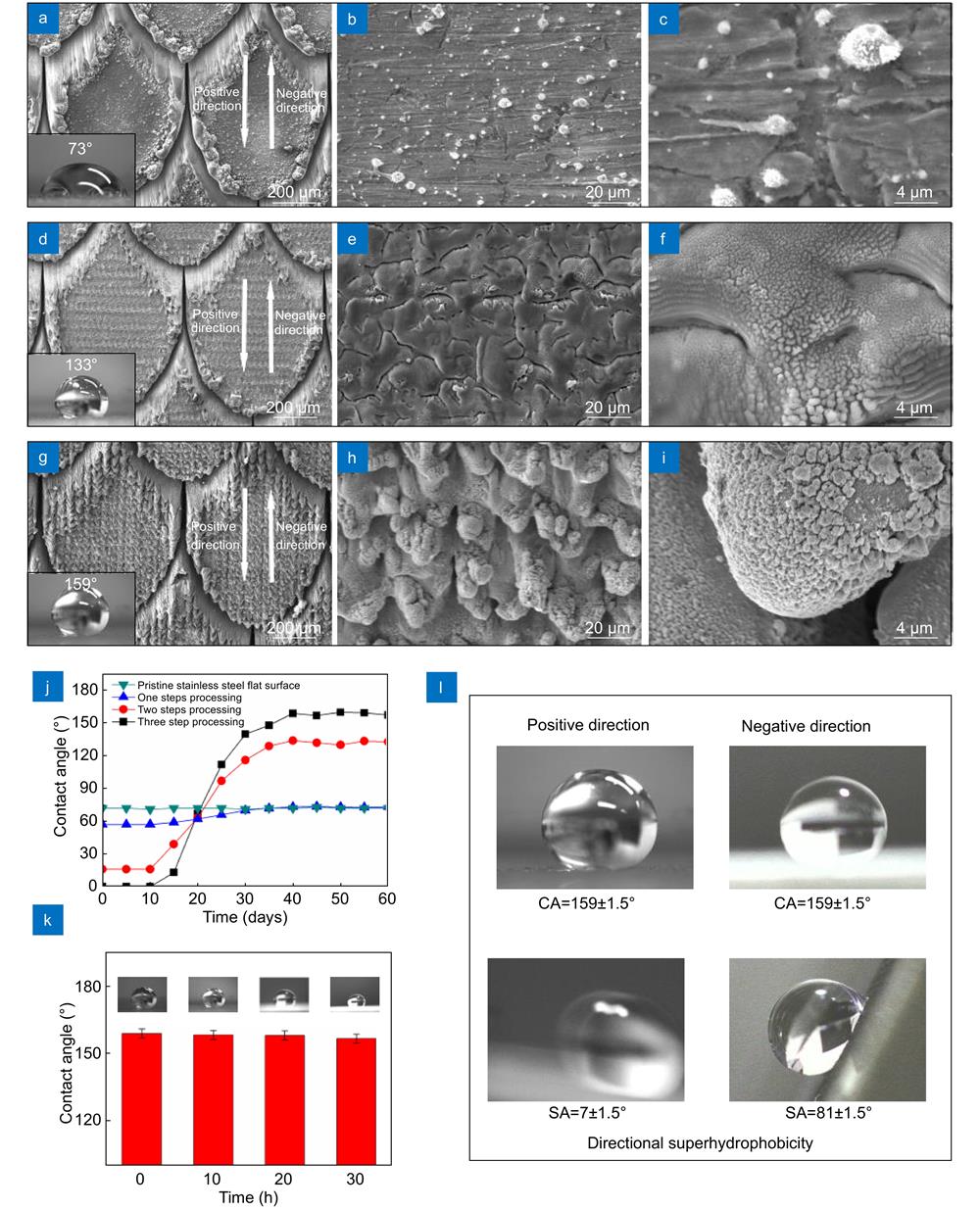Micro/nanostructures, and wetting behavior of the superhydrophobic surfaces with different hierarchical structures by different steps of the laser processing. (a) SEM images of the hierarchical structures of the snake scale-like array by one step laser processing; the inset shows that the CA of the water droplet is 73°. (b, c) SEM images of (a) at different magnified scales. (d) SEM images of the hierarchical structures of the snake scale-like array by two steps laser processing; the inset shows that the CA of the water droplet is 133°. (e, f) SEM images corresponding to (d) at different magnified scales. (g) SEM images of the hierarchical structures of the snake scale-like array by three steps laser processing; the inset shows that the CA of the water droplet is 159°. (h, i) SEM images corresponding to (g) at different magnified scales. (j) Time-dependence of CAs for the hierarchical surfaces by different steps laser processing exposed to air. (k) Superhydrophilicity of the complete three-level hierarchical surfaces in 30 h. (l) Wetting results (CAs and SAs) on the surface corresponding to opposite directions, respectively.