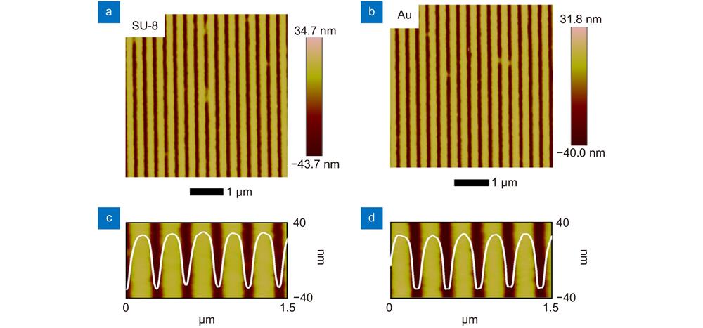 The AFM images of corrugations (a) prepared on glass substrate by NIL and (b) after deposition of ultrathin Au electrode. (c) and (d) are the height profiles of corrugations on the substrate and Au electrode, respectively. The periodic corrugations before and after deposition of Au film show consistent surface morphologies.