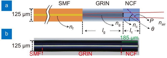 Schematic diagram of the spacer-removed probe.nf, ng, nc, and nair are the refractive index of SMF core, GRIN fiber at the center, NCF, and air, respectively; lg and lc are the length of GRIN fiber and NCF; P and θ are the polishing surface and tilt angle.