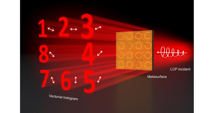 Schematic of the designed vectorial hologram metasurface device. Different holograms in eight polarization channels can be generated when the circularly polarized THz wave impinges on the metasurface, because the phase and polarization of the transmitted THz wave can be individually modulated. The hologram in a channel can be hidden by choosing the corresponding detected polarization state.