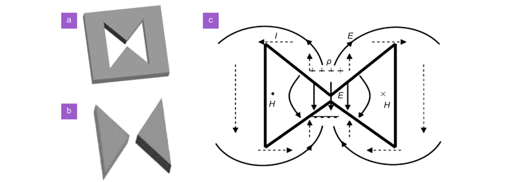 Bowtie apertured (a) and gaped (b) antennas. (c) Induced surface charges and electric dipole when incident electric field polarizes along the tips. Figure reproduced with permission from: (a-b) ref.4, Copyright 2006 American Chemical Society.