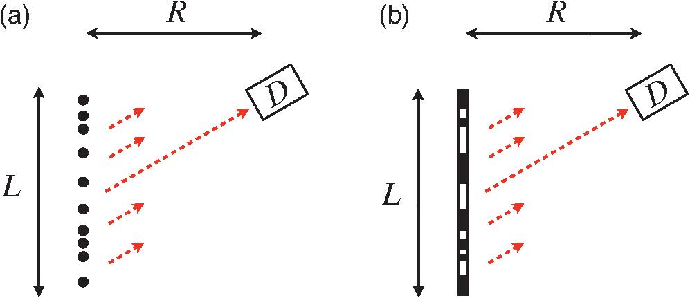 The schematic representation of the imaging set-up, for the object formed by (a) an array of small particles/lines and (b) a (binary) mask. D labels the position of a (coherent) detector, L is the size of the object (and equivalently the imaging aperture), and R is the distance from the object to the detector; in the far field R≫L.