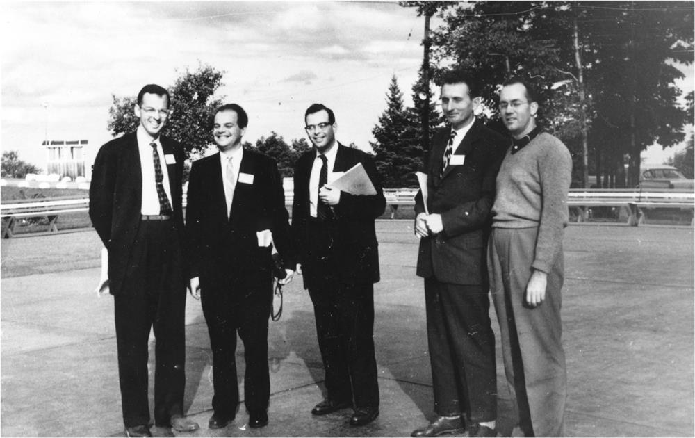 (Left to right) James P. Gordon, Nikolai Basov, Herbert Zeiger, Alexander Prokhorov and Charles Hard Townes at the First Quantum Electronics Conference, Shawanga Lodge, September 14–16, 1959. Photo courtesy of The Regents of the University of California, Lawrence Berkeley National Laboratory.