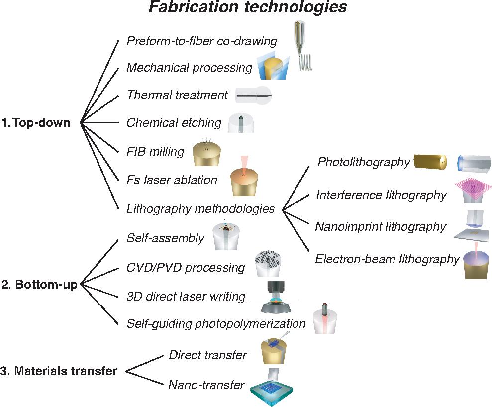 Tree diagram of the fabrication technologies for LOF-tip. The “top down” and “bottom up” methodologies involve fabricating the nanomaterials or nanostructure on the fiber tips directly, while the material transfer methodologies involve fabricating the nanomaterials or nanostructure separately on a planar substrate before transferring the prepared structure onto the fiber tips.